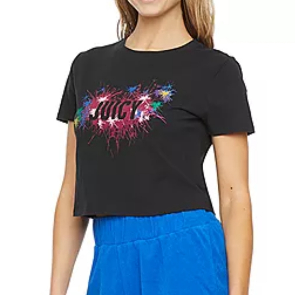 Juicy Couture Boyfriend Womens Crew Neck Short Sleeve Sparkle Crop Top